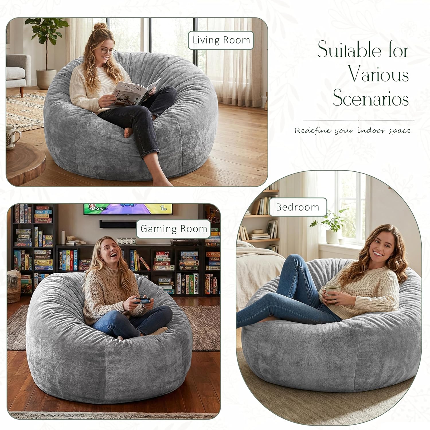ZurNesfure Bean Bag Chair for Adults, 3FT Giant Bean Bag with Filler & Machine Washable Cover, Fluffy Bean Bag Chairs Oversized Beanbag Lounge Chair for Living Room, Bedroom Dorm (Grey, Medium)
