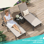 Amopatio Patio Lounge Chairs with Wheels 2 Outdoor Chaise Lounges and 1 Side Table for Poolside Adjustable Lounge Chair with Heavy-Duty Steel Frame for Backyard Poolside,400 LBS Capacity, Khaki