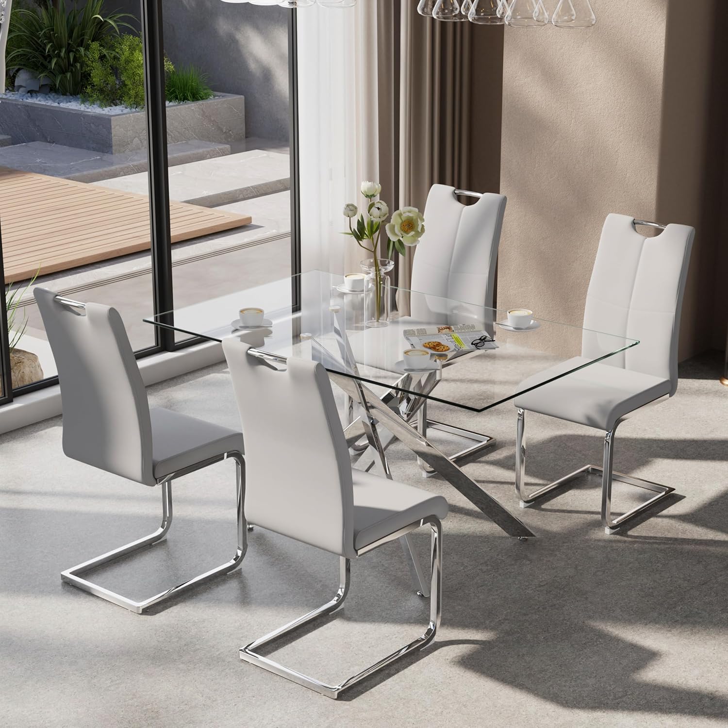 5-Piece Dining Table Set for 4, Modern Rectangular Glass Table with 4 Upholstered Leather Chairs, Space-Saving Dining Room Furniture Table & Chair Sets for Small Spaces&Apartment(Gray&Silver)