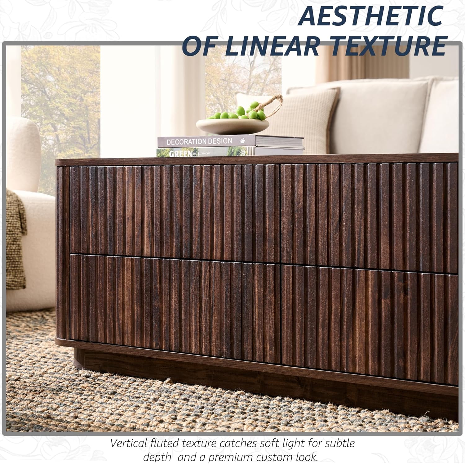 51" Fluted Coffee Table with 4 Drawers, Mid Century Modern Large Coffee Table with Storage, Rectangle Wood Center Table for Living Room, Dark Walnut