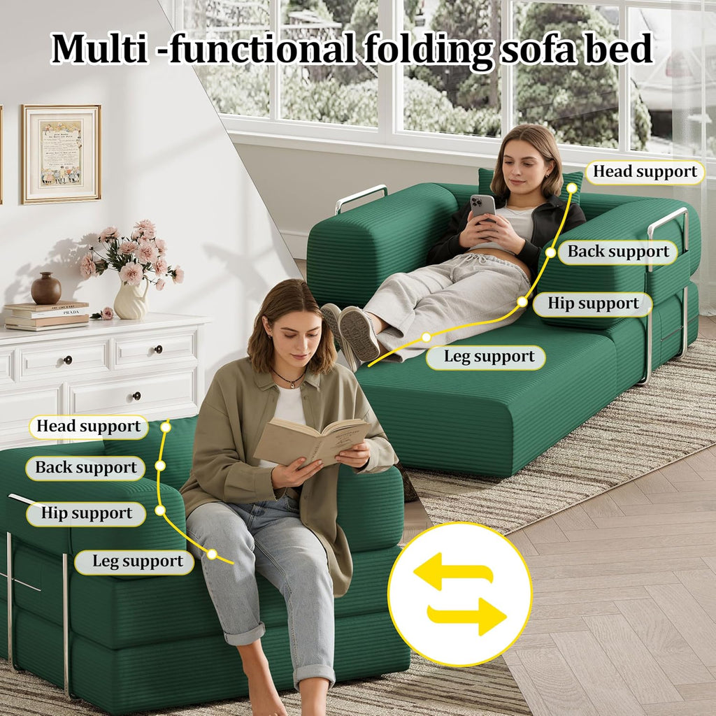 Single Couch Sofa for Small Spaces 2 in 1 Convertible Sofa to Lounger Comfy Bean Bag Chair for Adults with Removable Cover with Pillows for Bedroom, Apartment, Office (Green, 35.43" Single Sofa)