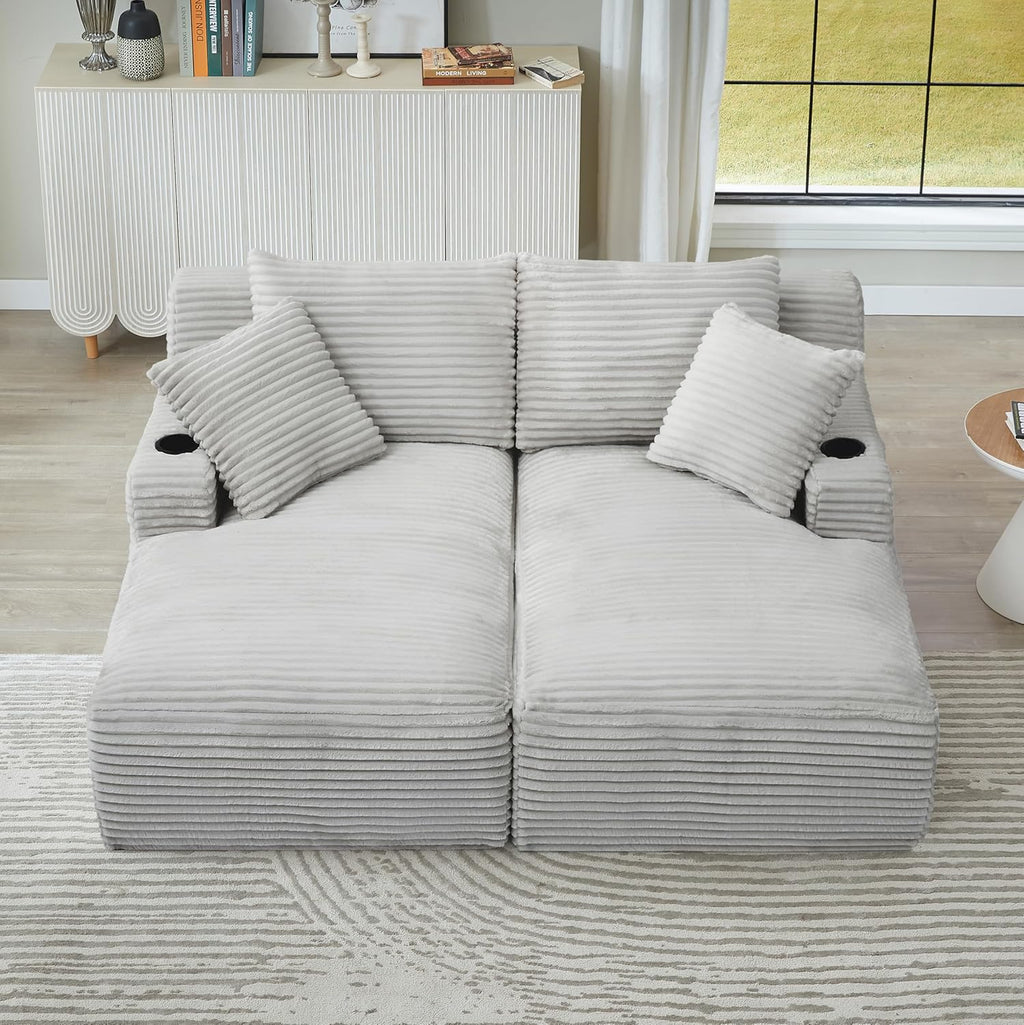 Eafurn Oversized Double Chaise Lounge Indoor with Cup Holders & Side Pocket, 71" Plush Corduroy Boneless Chaise Lounge Sofa with High Density Sponge & Deep High Seat Comfy Sleeper Couch Bed