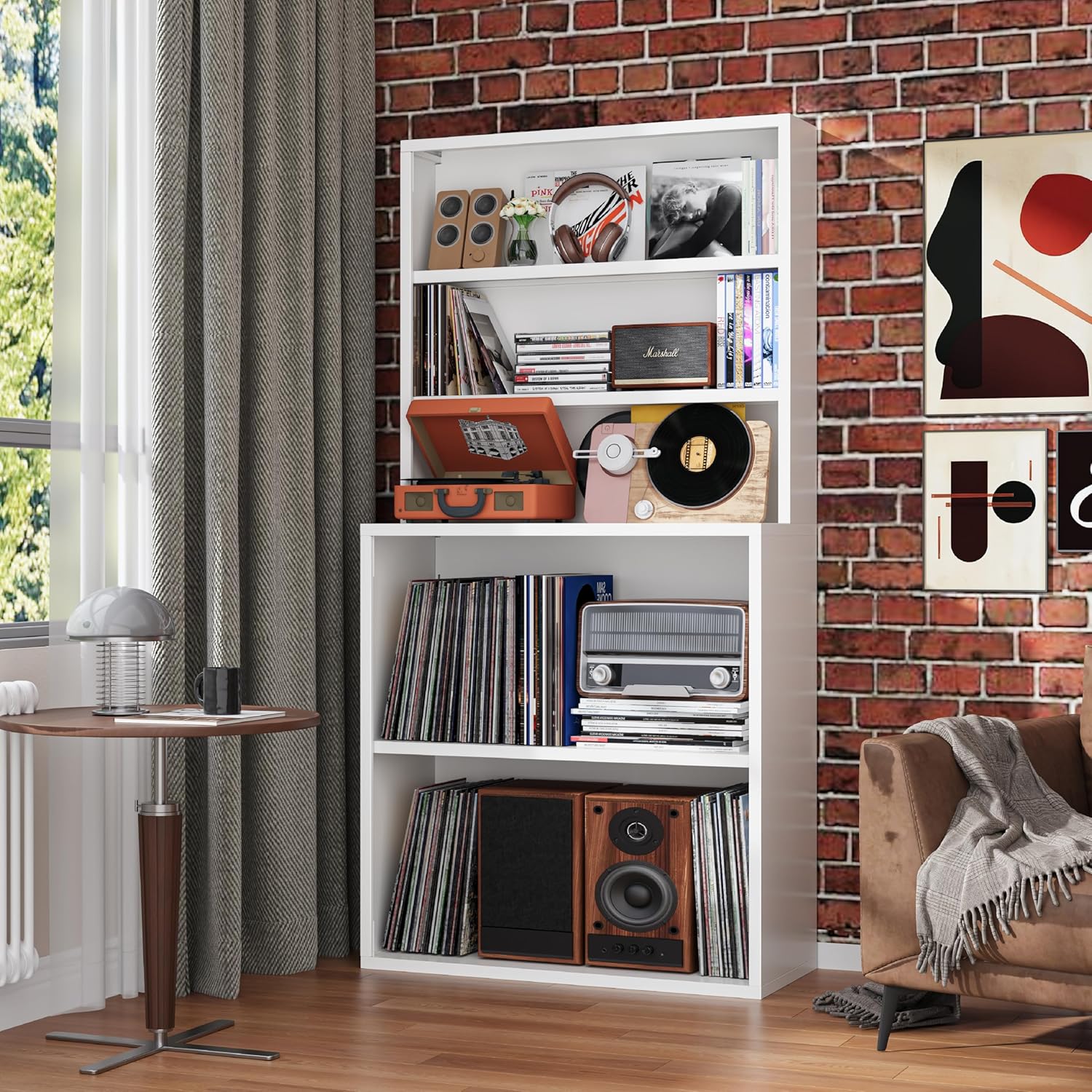 Record Player Stand with Dual Depth Design, CD Storage Rack, Media Storage Cabinet for Vinyl Records, DVDs, Comic Books & Video Games, Organizer Shelf for Living Room, Home Office, White