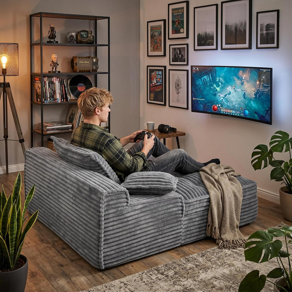 Boneless Chaise Lounge Chair Indoor, Top Fixed-Point Comfort Layer Boneless Couch, 57'' Cloud Corduroy Sofa Bed, Block + Crumb Foam Construction, Deep Seat Reading Chair with 3 Pillows, No Assembly