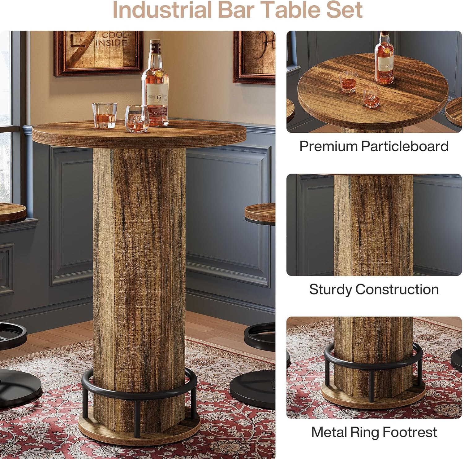 Tribesigns Round Bar Table with Chairs, Industrial Bistro Sets with 2 barstools, Pub Cocktail Table with Metal Ring Footrest for Kitchen Nook, Apartment, Small Space