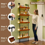 Industrial Bar Shelves, Wine Rack Wall Mounted, Walnut, 24 Inch | solid pinewood, industrial iron pipe, 5 tier, 30 lbs per shelf, with LED light, for kitchen, bar, cellar