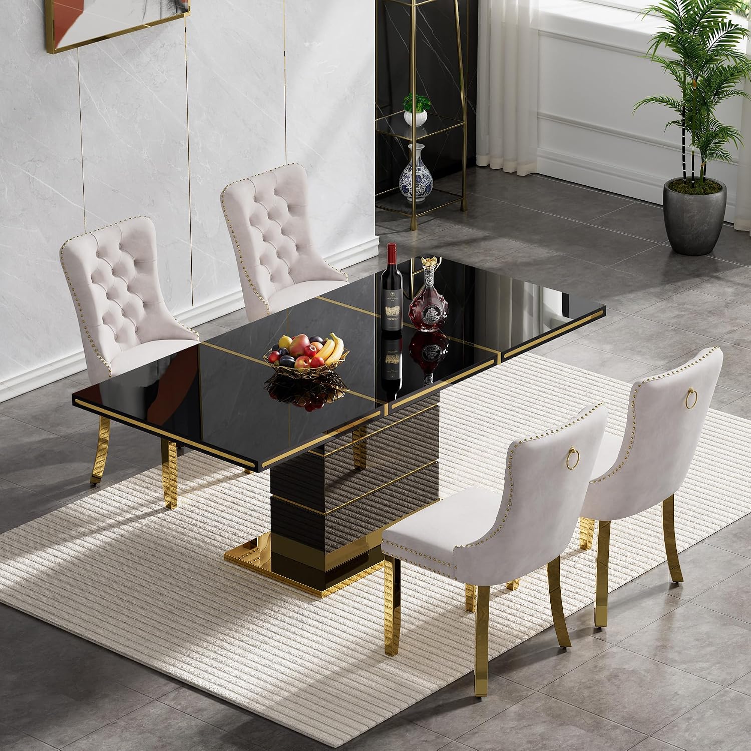 SSLine 5-Piece High-Gloss Black Dining Table Set for 4,Modern 70" Wood Kitchen Table with 4 Velvet Tufted Chairs,Luxury Rectangle Dining Room Tables with Pillar Gold Steel Pedestal Base