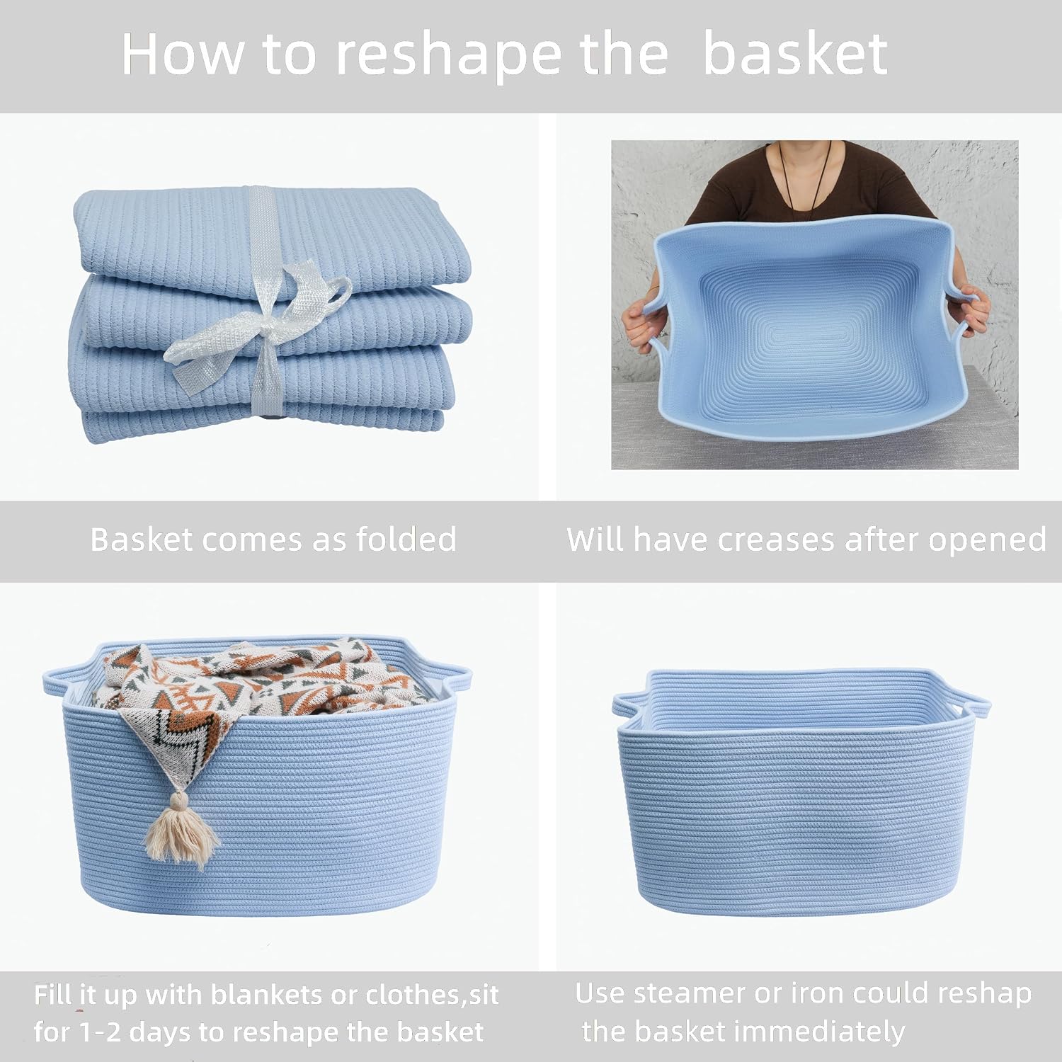 XUANGUO Large Cotton Rope Storage Basket for Blankets, 22" x 17" x 12" Rectangle Woven Basket Bin for Living Room, Nursery, Kids & Dog Toys, Laundry basket for Clothes & Towels,Gift basket Blue