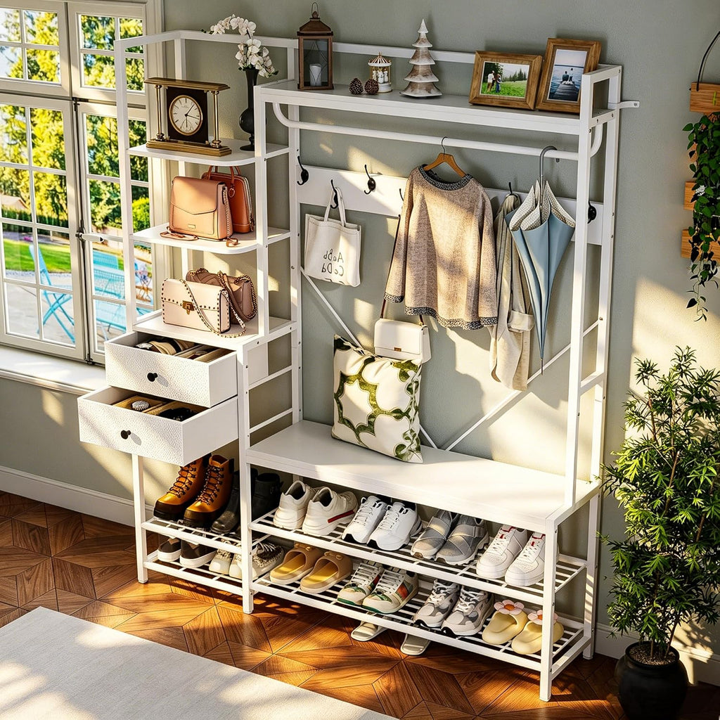Gyfimoie 7-in-1 White Hall Tree with Bench and Shoe Storage, 55" Wide Entryway Coat Rack with Shoe Storage Shelves & Drawers, Mudroom Bench with Seating and Hooks for Hallway, Entrance