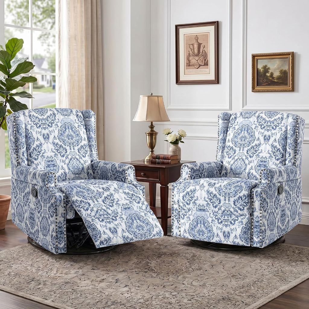 Swivel Rocker Recliner Chair Set of 1, Manual Nursery Glider Recliner, Floral Fabric Wingback Accent Chair with Adjustable Backrest & Footrest for Small Spaces Living Room Bedroom -Navy Blue