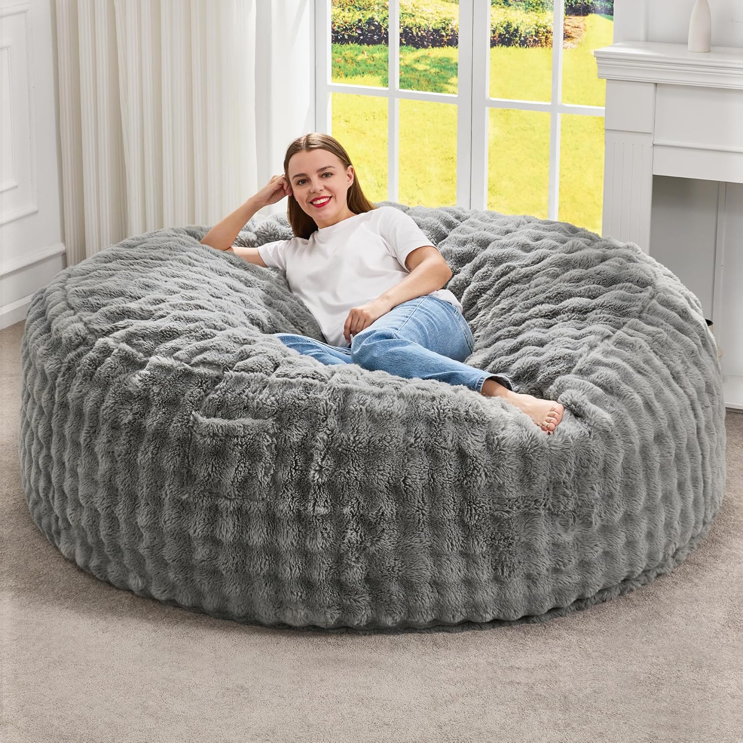 Hobestluk Adults Bean Bag Chair 5FT Big BeanBag Chair Giant Large Oversized | Memory Foam,Washable Cover,Unique Fluffy Bubble,Comfy Big BeanBag with Filling Lounging Gaming Bedroom Living Room | Grey 5FT