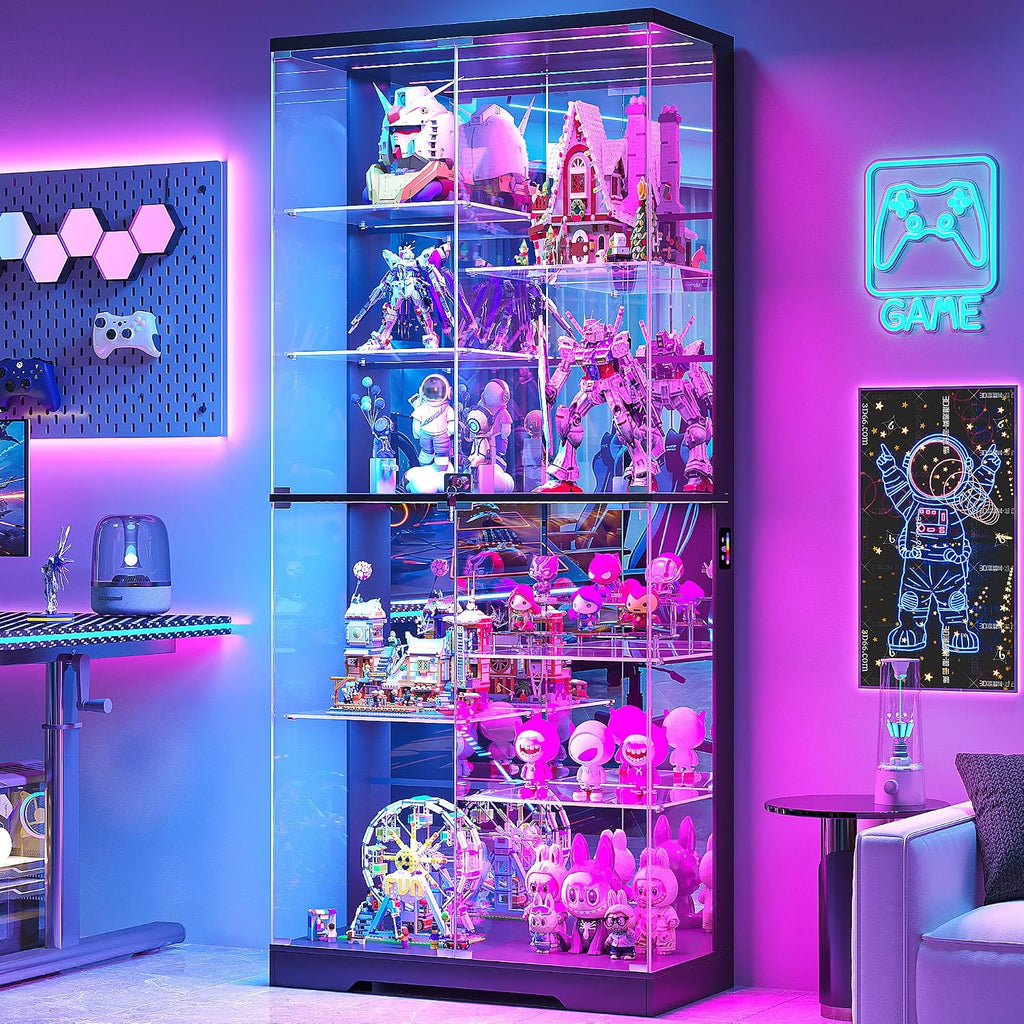 10-Tier Glass Display Cabinet with RGB Light&Auto Sensor,Gaming Room,Black | 71''H Lockable Curio Cabinet with Glass Doors,China Cabinets with Removable Shelves for Collectibles,Lighted Showcase