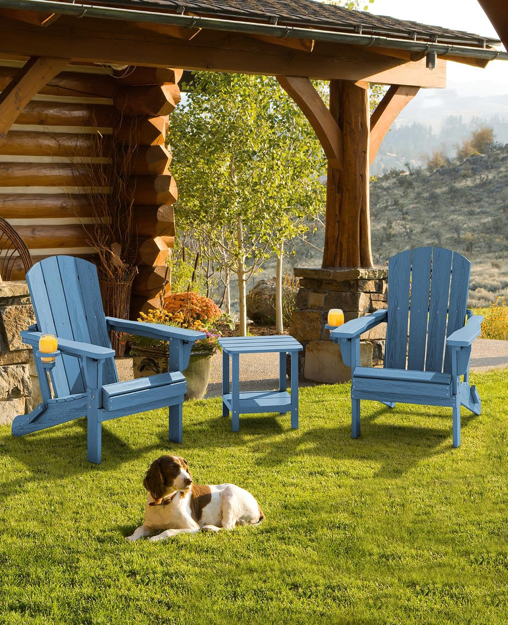 SERWALL Folding Adirondack Chair Set of 2, Adjustable Adirondack Chair with 3 Recline Positions, All Weather HDPE Outdoor Adirondack with Cup Holders, Blue