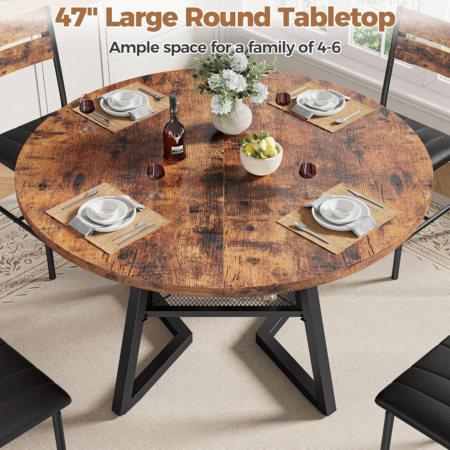 IRONCK Round Dining Table Set for 4, 47.2'' Kitchen Table with 4 PU Leather Upholstered Chairs, Dining Room Table Set with Large Storage Shelf, 5 Piece Kitchen Table and Chairs, Rustic Brown