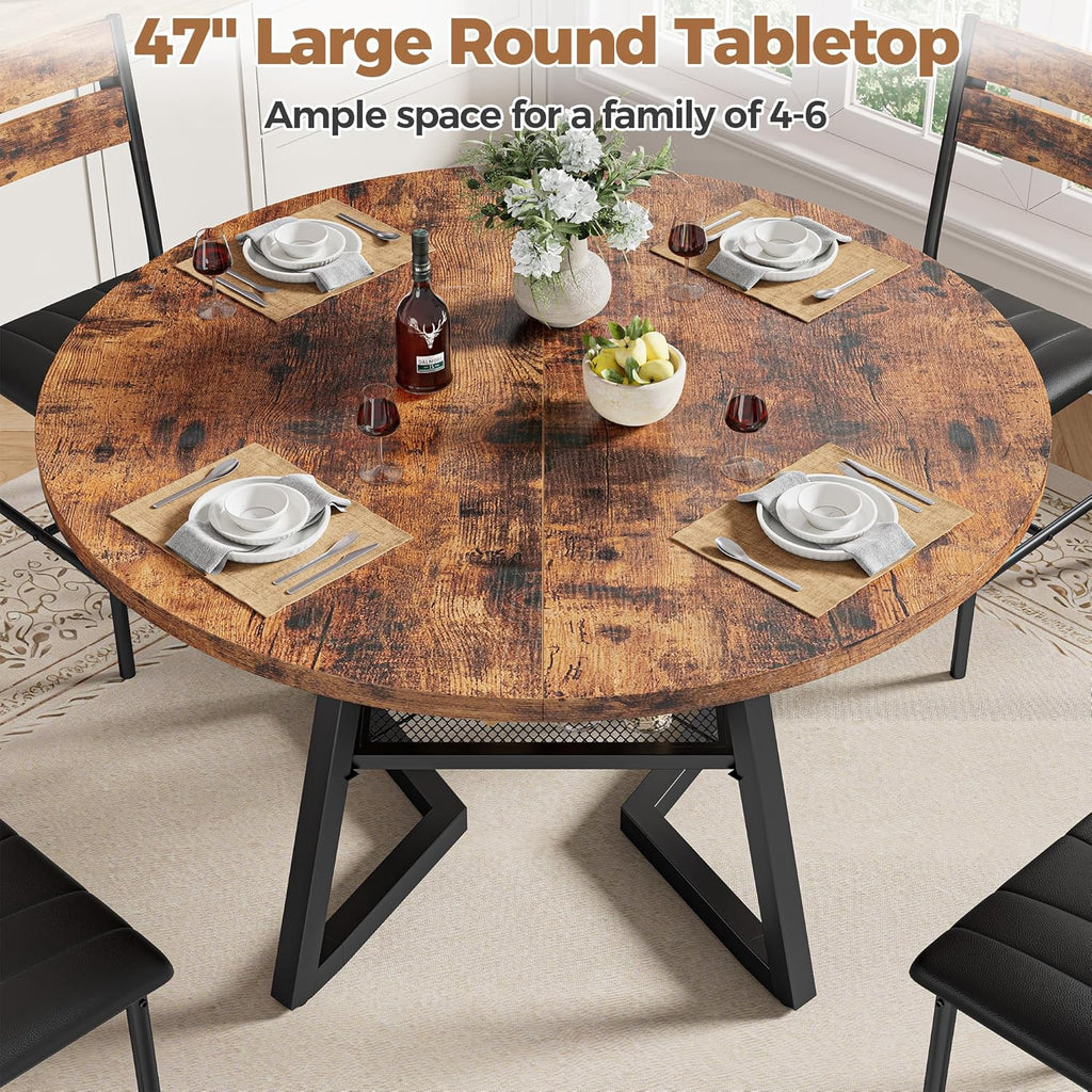 IRONCK 47.2" Round Dining Table for 4, Industrial Kitchen Table with Large Storage Shelf, Space Saving Wood Circle Dinner Table for Kitchen & Dining Room, Vintage