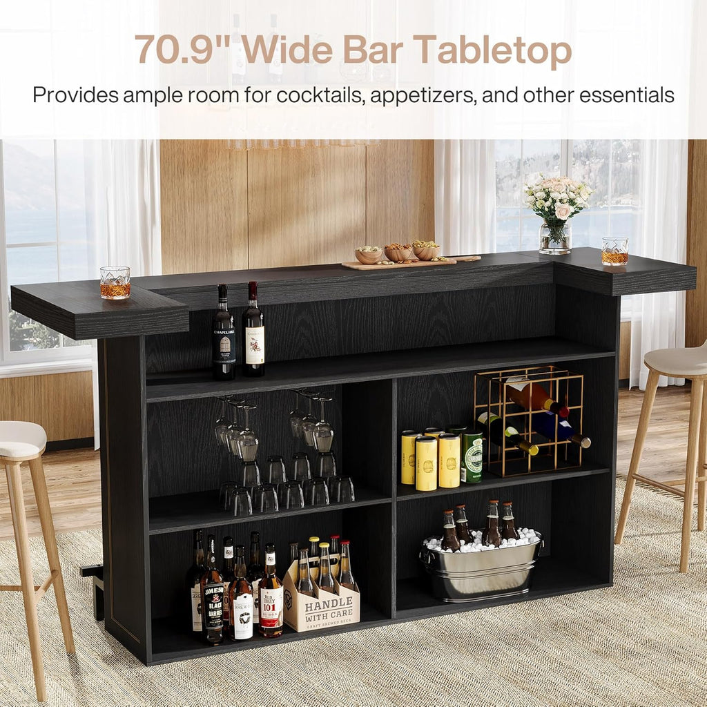 Tribesigns 70.9" Extra Large Bar Table, 4-Tier Storage Home Bar with Wine Glass Rack & Footrest, 2-in-1 Kitchen Island & Pub Table, Wooden Bar Unit for Kitchen, Living Room, Party