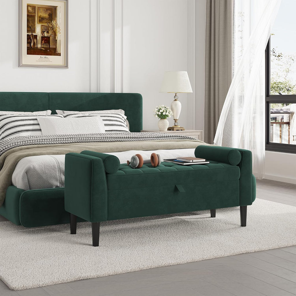 46.5" Storage Ottoman Bench,Entryway Shoe Bench,Upholstered End-of-Bed Storage Chest,Footrest Seat,Storage Stool with Rolled Armrests & Wood Legs for Hallway,Bedroom, Living Room & Cloakroom (Green)