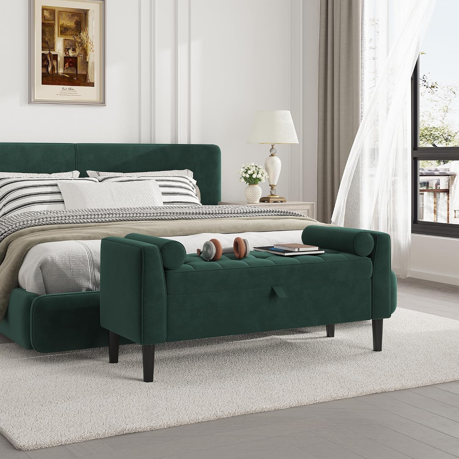 46.5" Storage Ottoman Bench,Entryway Shoe Bench,Upholstered End-of-Bed Storage Chest,Footrest Seat,Storage Stool with Rolled Armrests & Wood Legs for Hallway,Bedroom, Living Room & Cloakroom (Green)
