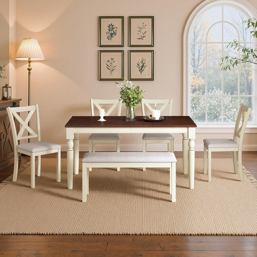 LUXOAK 60" Solid Wood Dining Table Set for 6, Farmhouse Kitchen Table with 4 Upholstered Chairs & Bench, 6-Piece Dining Room & Living Room Furniture, Cream White