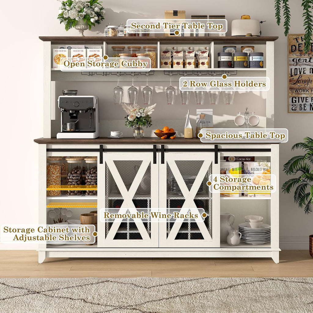 63"Wide 58"H Farmhouse Coffee Bar Cabinet with Power Outlet and LED Light,Wine Bar Cabinet w/ 4 Storage Hutch,Kitchen Buffet Cabinet with 15 Wine and Glass Racks for Kitchen Dining Room(Antique White)