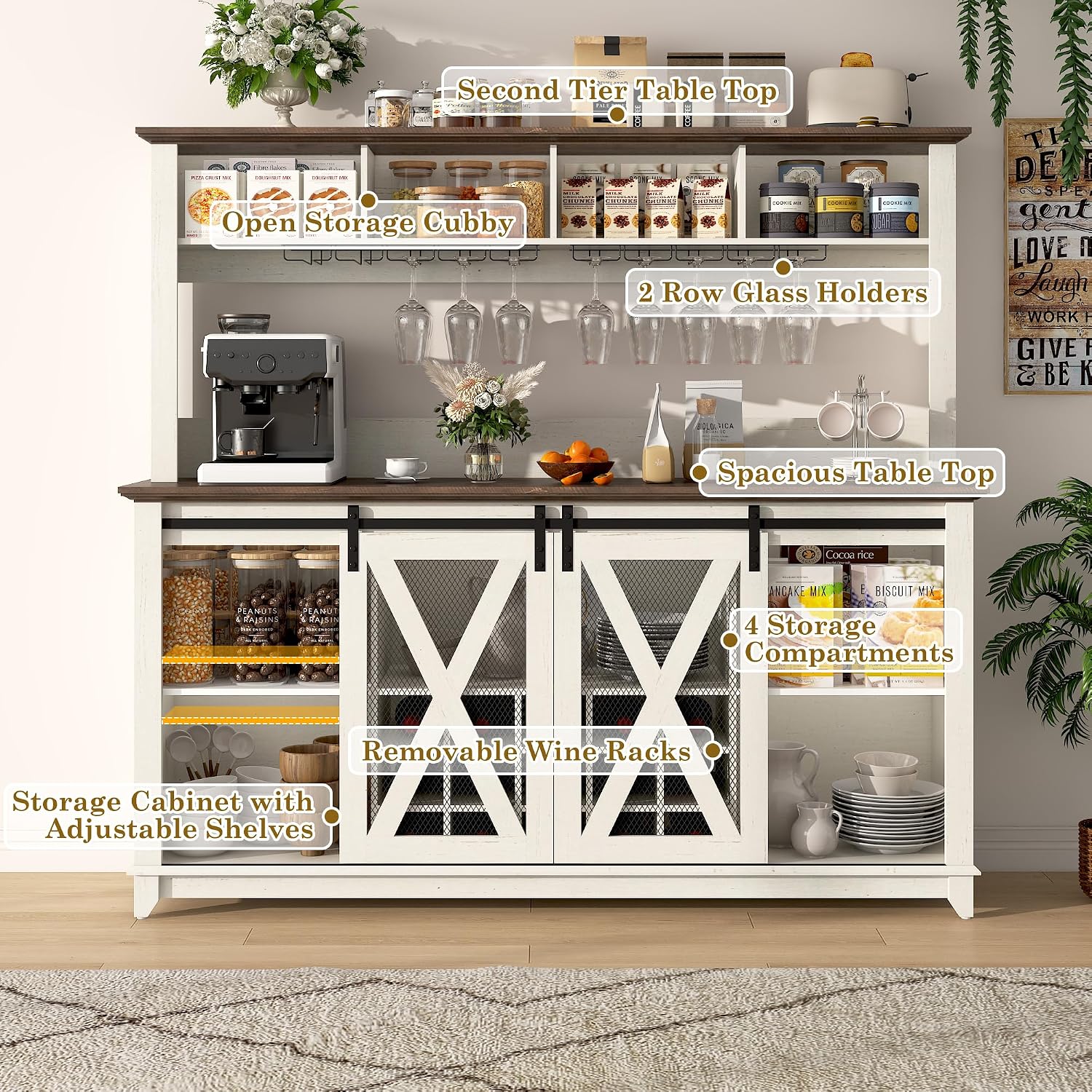 63"Wide 58"H Farmhouse Coffee Bar Cabinet with Power Outlet and LED Light,Wine Bar Cabinet w/ 4 Storage Hutch,Kitchen Buffet Cabinet with 15 Wine and Glass Racks for Kitchen Dining Room(Antique White)