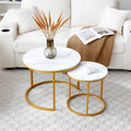 Small Round Nesting Coffee Table Set of 2 for Living Room, Wood Grain Faux Marble Modern Stacking Circle Coffee Table Side Table End Table with Metal Frame for Bedroom （Gold