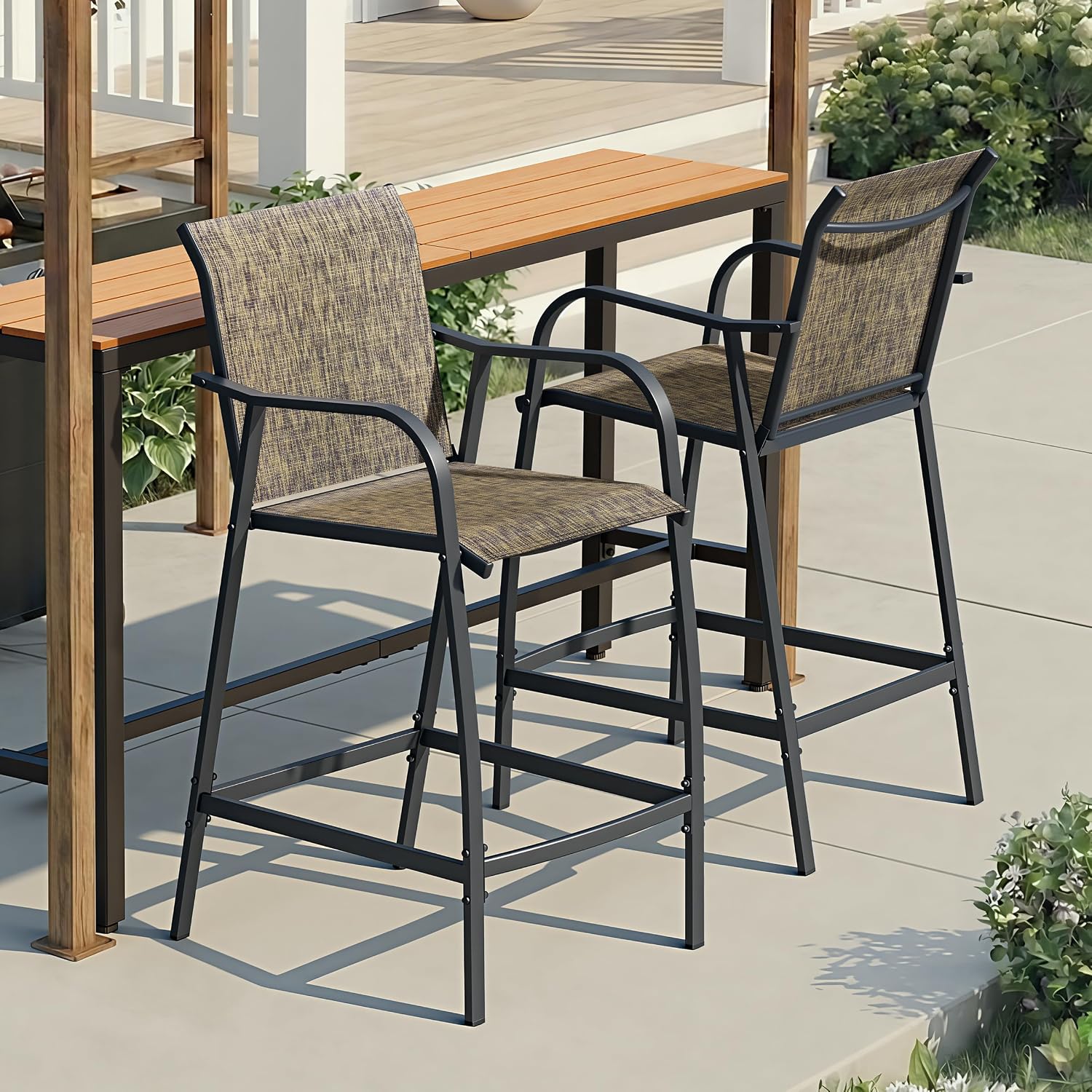 Crestlive Products Outdoor Bar Stools Set of 2, Heavy Duty Patio Furniture, Bar Height Tall Chairs with Armrest and Footrest, Textilene Fabric for Bistro, Lawn, Poolside, Backyard, Kitchen (Brown)