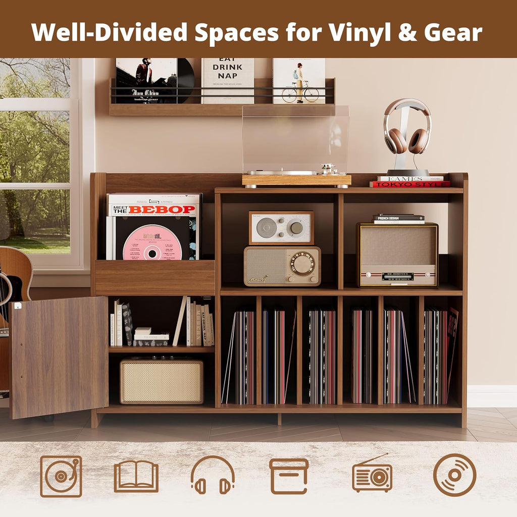 IRONCK Mid-Century Modern Record Player Stand, Record Player Cabinet with Door & Display Shelf, Vinyl Record Storage Cabinet for Living Room & Entertainment Room, Walnut