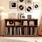 IRONCK 55in Mid-Century Modern Record Player Stand, Record Player Cabinet with Charging Station & USB Ports, Vinyl Record Storage Cabinet with Open Shelf for Living Room, Music Room, Walnut