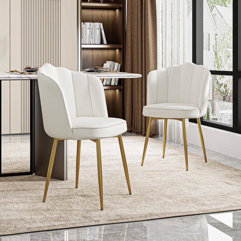 VECELO Velvet Dining Chairs Set of 2, Modern Upholstered Kitchen Chairs with Thick Cushions, Curved Padded Backrest and Metal Legs, for Kitchen, Dining Room, Living Room, White