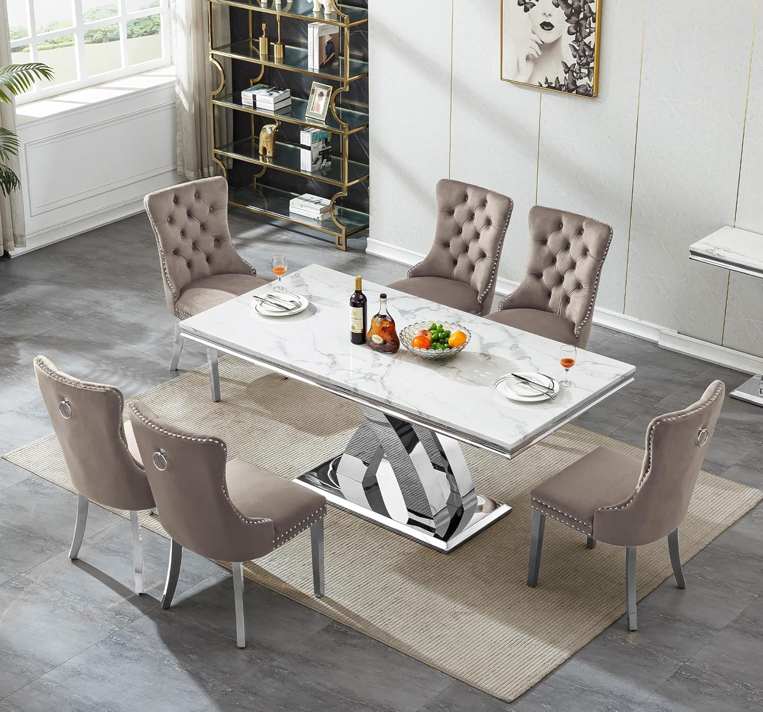 68" Marble Dining Table Set for 6, Modern Rectangle Dining Room Table Set for 6, Luxury White Silver Marble Kitchen Table and Chairs Set of 6 for Living Room,Kitchen
