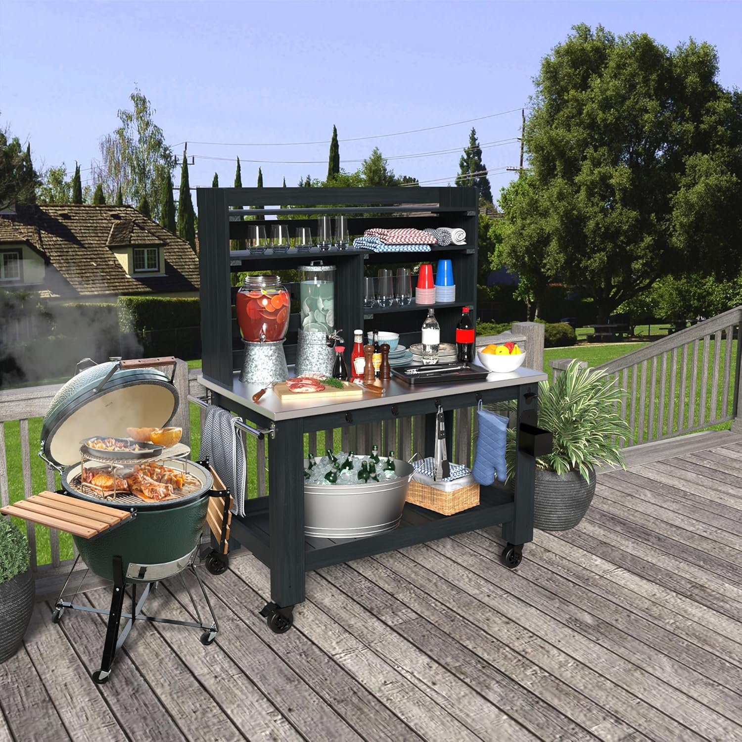 GDLF Potting Bench Table Large Outdoor Kitchen Island Prep Station with Stainless Steel Top Waterproof Cover, Hardwood, 66.9" H