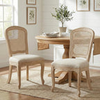 Wicker Dining Chairs Set of 2, Upholstered Linen Fabric Dining Room Chairs with Square High Rattan Back Farmhouse French Kitchen Chairs for Dining Table/Living Room/Restaurant, White