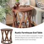 COZAYH Set of 2 - Farmhouse End Table, Rustic Round Side Table with X-Motifs Legs, Wood Textured Top, for Boho, French Country Decor, Brown