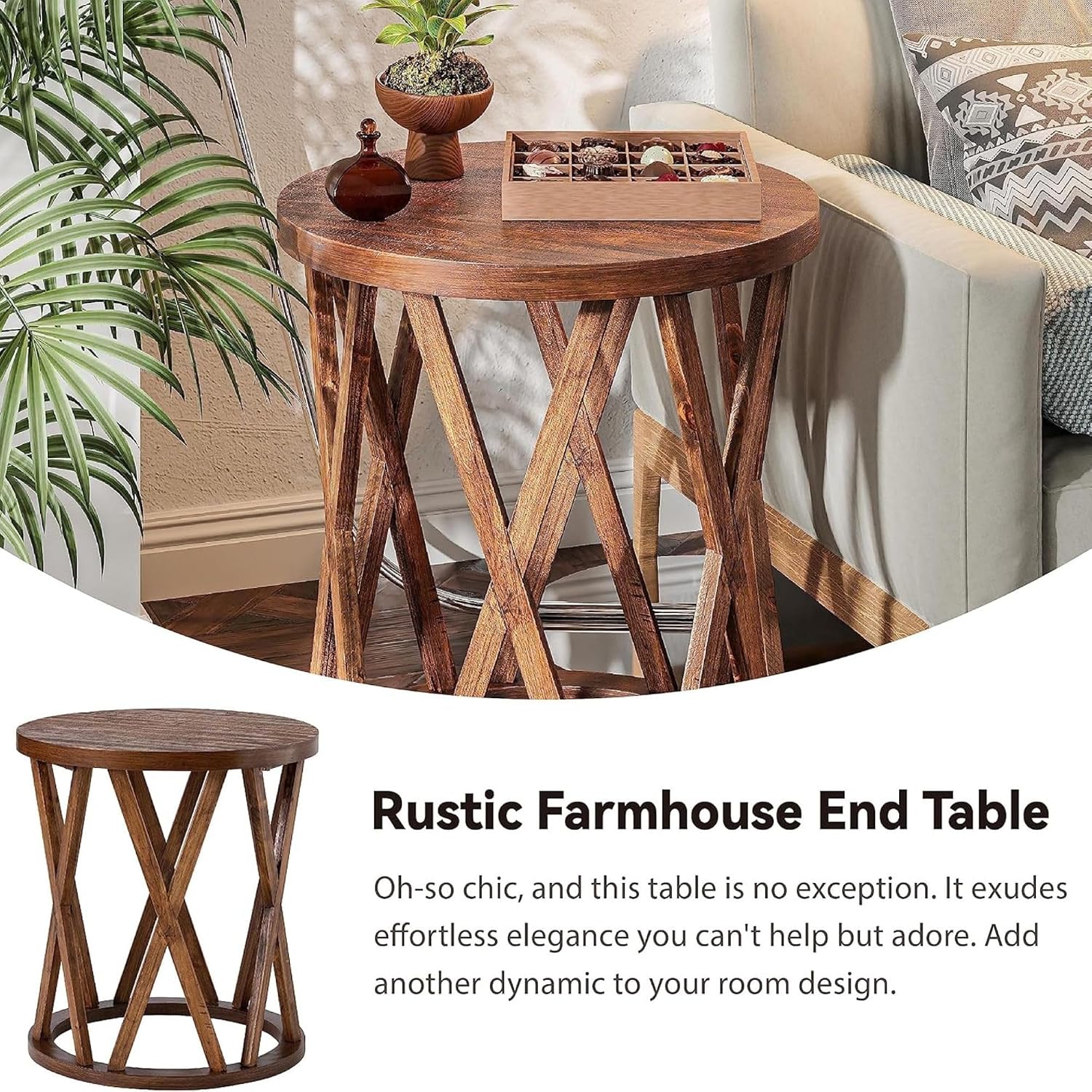 COZAYH Set of 2 - Farmhouse End Table, Rustic Round Side Table with X-Motifs Legs, Wood Textured Top, for Boho, French Country Decor, Brown