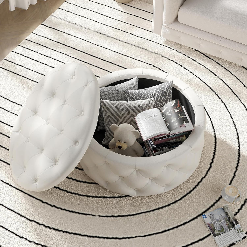 FiveWillowise 30 Inch Round Storage Ottoman, Large Circle Coffee Table with Storage Tray, Modern Button Footstool with Removable Lid,Cozy Foot Stools for Living Room, Bedroom, Makeup Room,Cream White