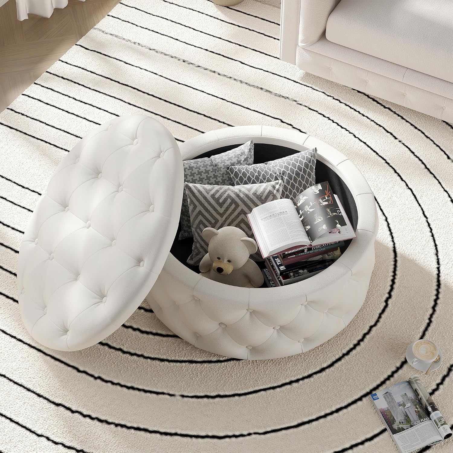 FiveWillowise 30 Inch Round Storage Ottoman, Large Circle Coffee Table with Storage Tray, Modern Button Footstool with Removable Lid,Cozy Foot Stools for Living Room, Bedroom, Makeup Room,Cream White