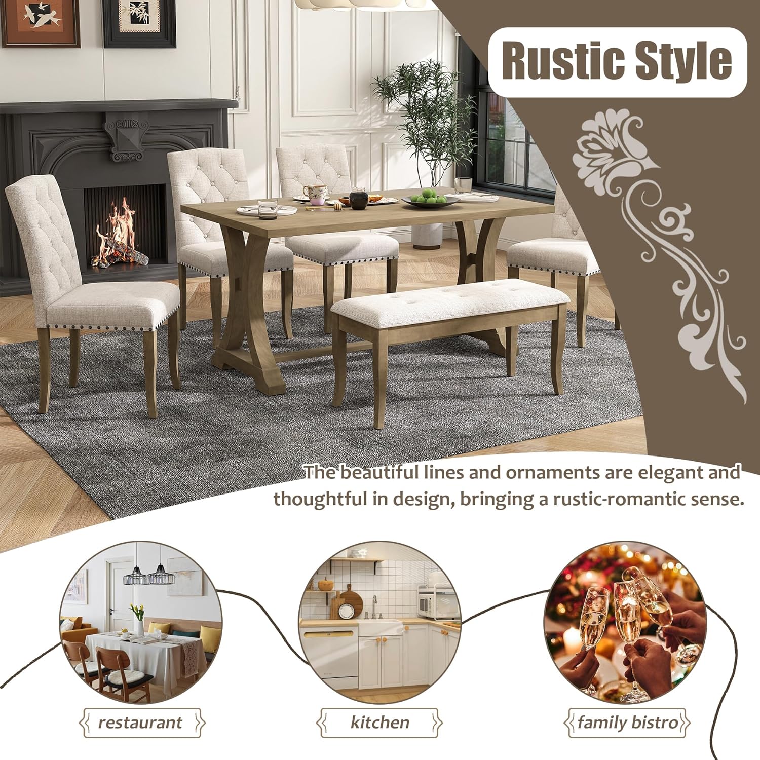 Mirightone Farmhouse Dining Table Set for 6, Dining Table with Bench and Chairs, 6 Piece Kitchen Table Set Solid Wood Dining Room Set with Trestle Table Legs (Natural Wood Wash)