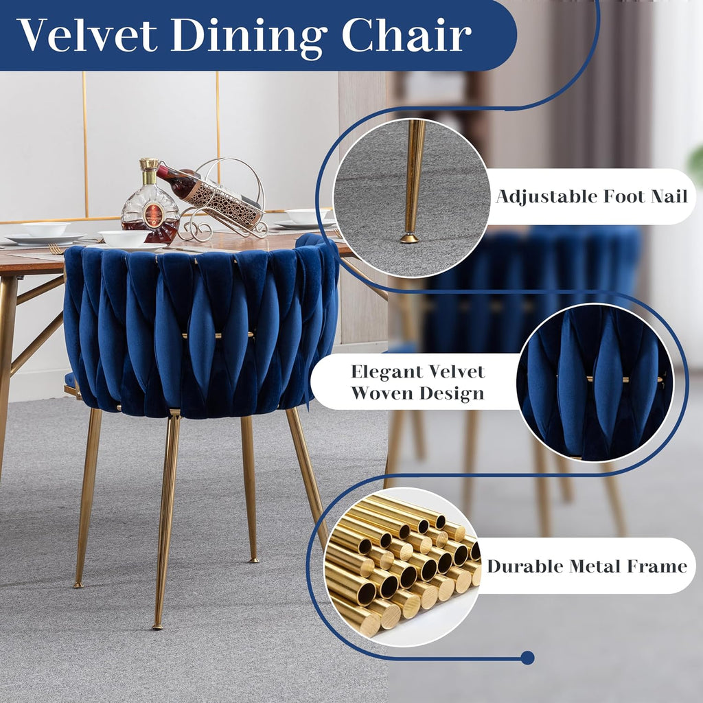 Gold Glass Round Dining Set for 4, 36'' Modern Minimalist Luxury Circle Dinner Room Set, 5 Piece Clear Glass Circular Kitchen Table with Navy Blue Woven Chair Set, for Small Apartment Home