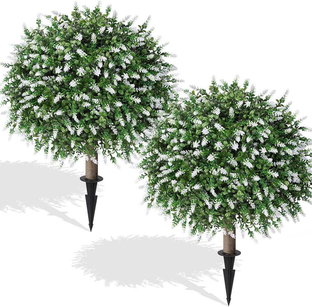 HyeFlora 26'' Artificial Topiary Boxwood Ball Trees with Lavender 2 Pack Fake Plants for Outdoor Indoor Artificial Shrubs with Ground Spike UV Resistant Fake Bushes for Front Porch Garden (White)