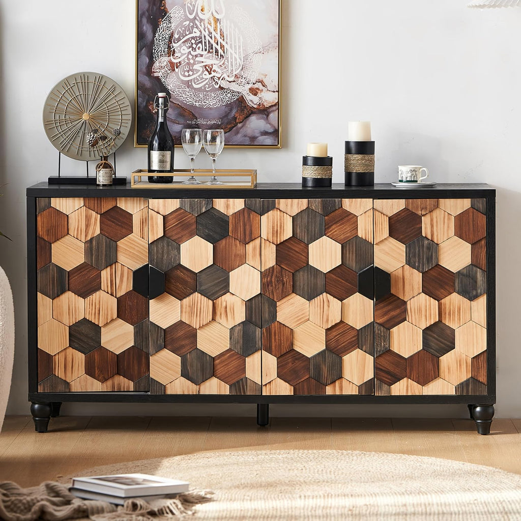 60" Geometric Sideboard Buffet Modern Farmhouse Credenza Storage Cabinet with 4 Hexagonal Honeycomb Parquet Doors for Kitchen Living Room Entryway Black & Multi Wood Tone