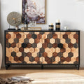 60" Geometric Sideboard Buffet Modern Farmhouse Credenza Storage Cabinet with 4 Hexagonal Honeycomb Parquet Doors for Kitchen Living Room Entryway Black & Multi Wood Tone