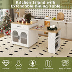 80" Kitchen Island with Extendable Dining Table, Marble-Grain Countertop with Power Outlet, Rolling Kitchen Cart with Storage Cabinet & 2 Drawers for Dining Room House Bar,White