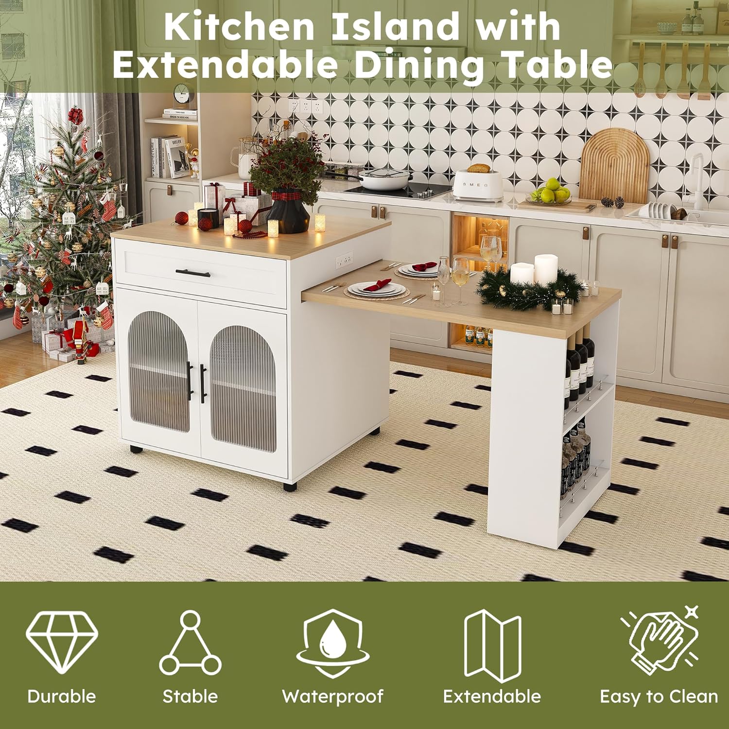 80" Kitchen Island with Extendable Dining Table, Marble-Grain Countertop with Power Outlet, Rolling Kitchen Cart with Storage Cabinet & 2 Drawers for Dining Room House Bar,White