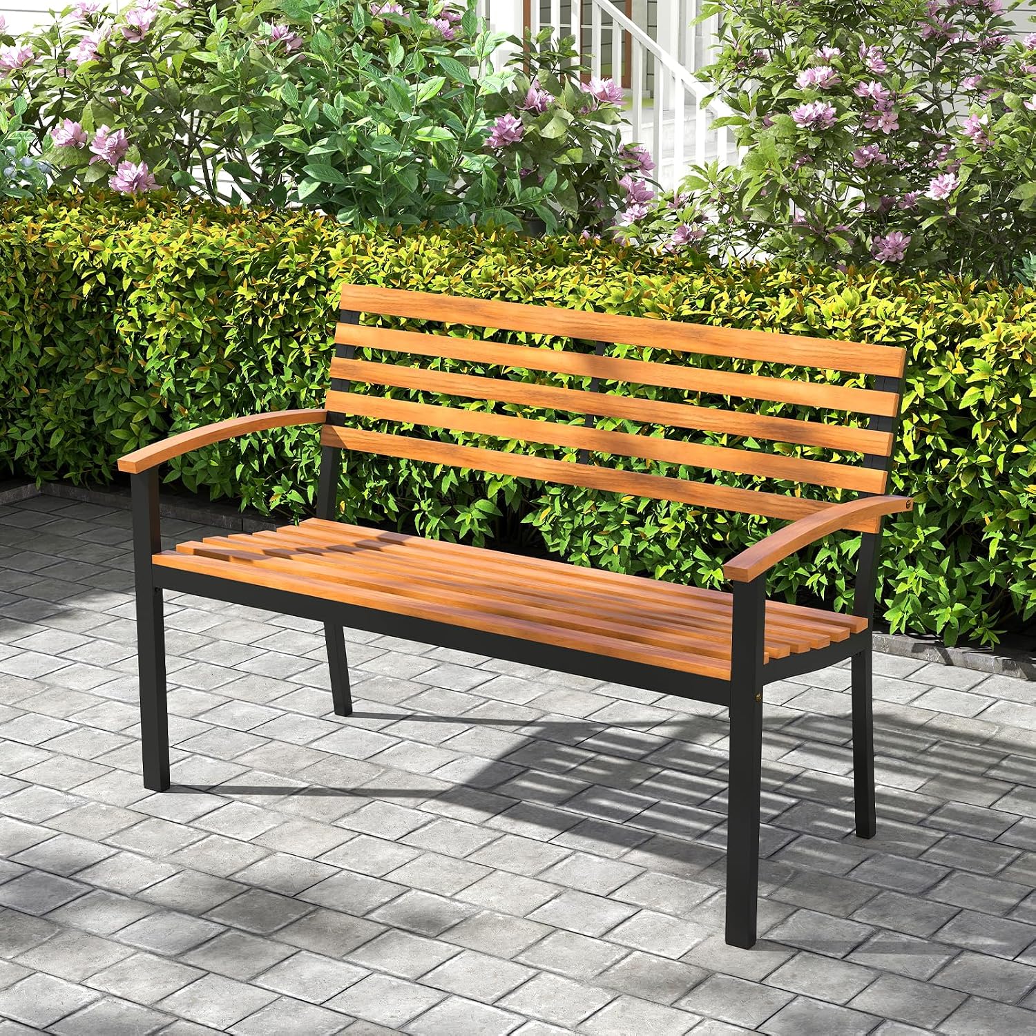 Tangkula 43" Outdoor Garden Bench, 2-Person Acacia Wood Bench with Heavy-Duty Metal Frame, Slatted Seat & Curved Armrests, 800 lbs Weight Capacity, Patio Bench for Porch, Yard, Balcony, Lawn
