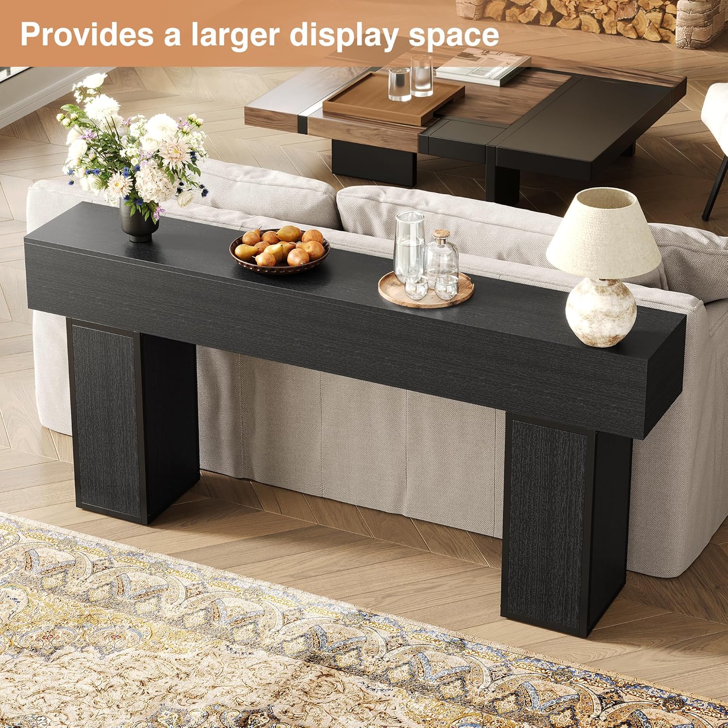 UNIQUITE 70.9-Inch Extra Long Console Table, Farmhouse Wood Sofa Table Behind Couch Tables, Entryway Table Accent Table for Living Room, Entrance, Hallway, Foyer, Black