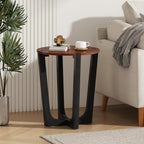 Round Wood Side End Table, Modern Industrial Accent Table with Curved Black Metal Legs, Small Sofa Side Table Nightstand for Living Room Bedroom Entryway