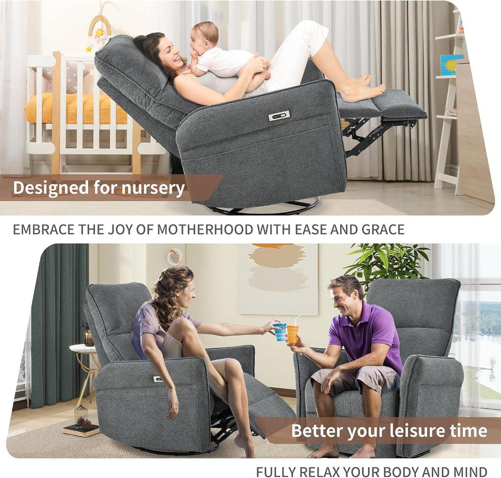 270° Power Swivel Rocker Recliner Chair, Rocking Chair Nursery, Electric Recliners for Small Spaces, Single Sofa Recliner for Living Room, Bedroom, RV (Fabric, Dark Gray+270°Swivel)