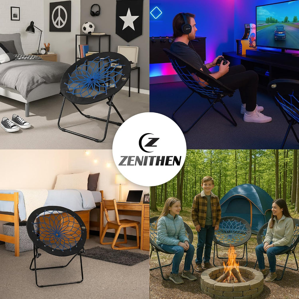 Zenithen 29” Bunjo Bungee Chair, Indigo (Pack of 2) | Foldable. Lightweight, Portable, Collapsible Seating