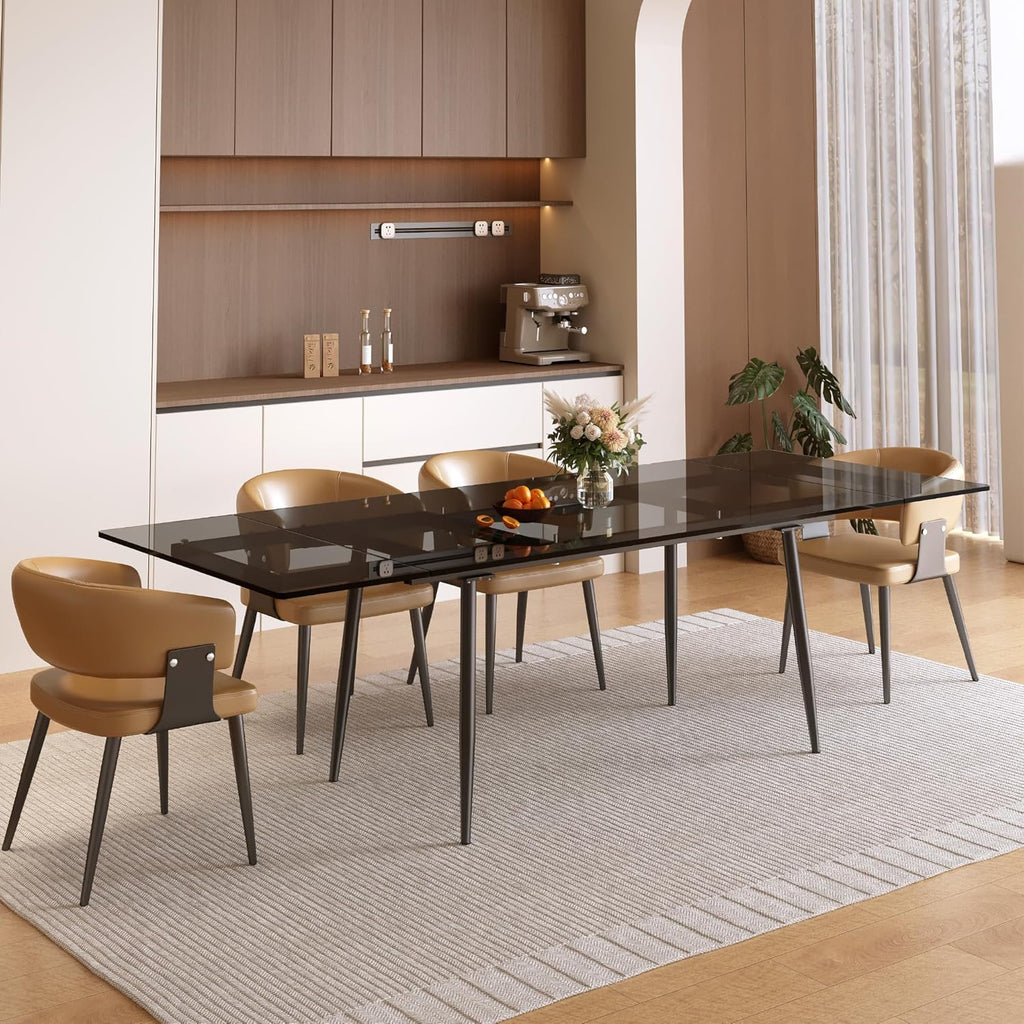 62.99-94.48" Extendable Dark Tempered Glass Dining Table, Scratch-Resistant Glass Top & Metal Frame, Seats 8-10, Modern Minimalist Dining Furniture for Family & Entertaining